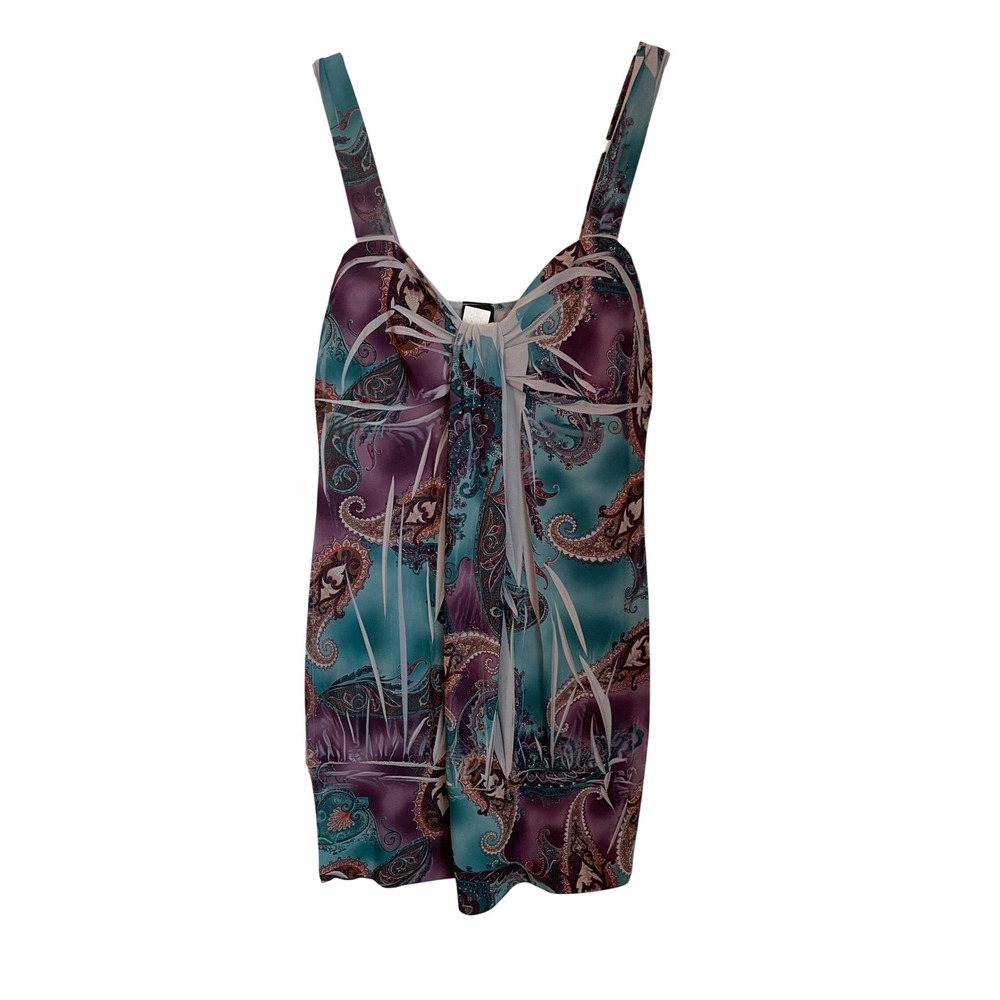Vanity Vtg Y2k Going Out Mini Dress Size L Babydoll‎ Paisley Stretchy Gray Teal